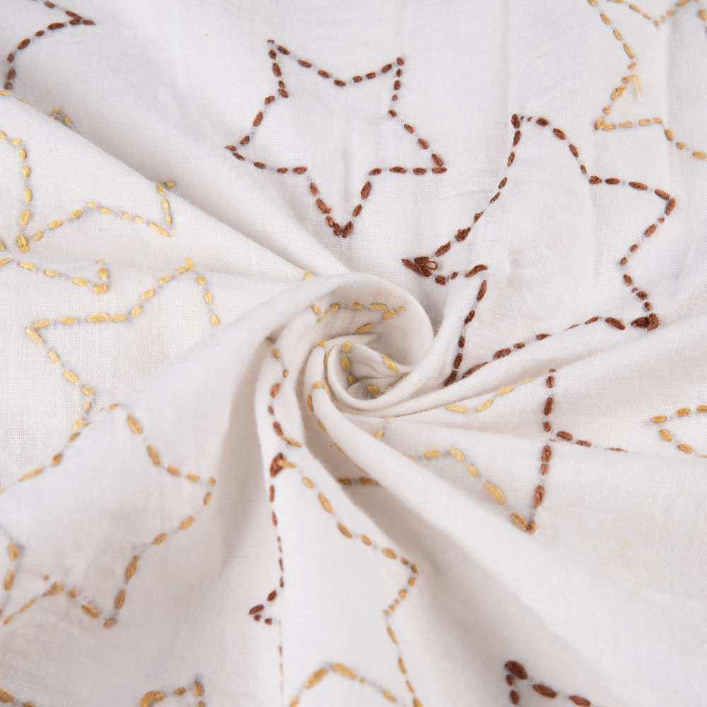Star White Kantha Embroidered Pure Cotton 125 GSM Handwoven Fabric