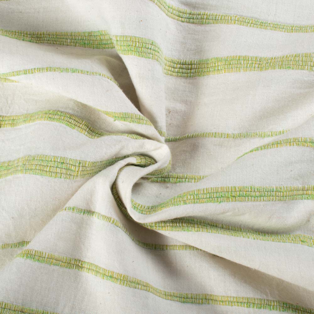 Extra Weft White & Greenish Yellow Stripe Pure Cotton 180 GSM Handwoven Fabric