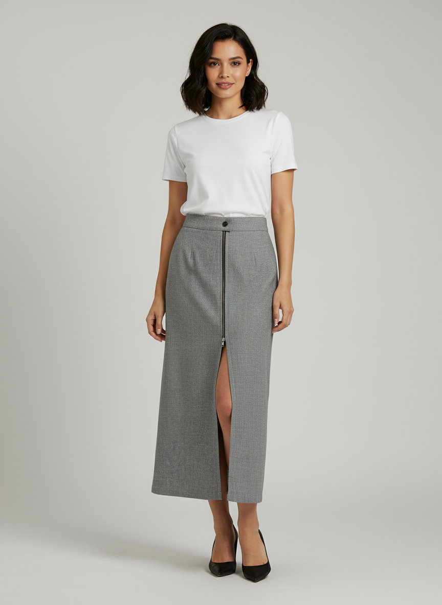 Long Skirt With Front Slit- Front Darts With Zipper