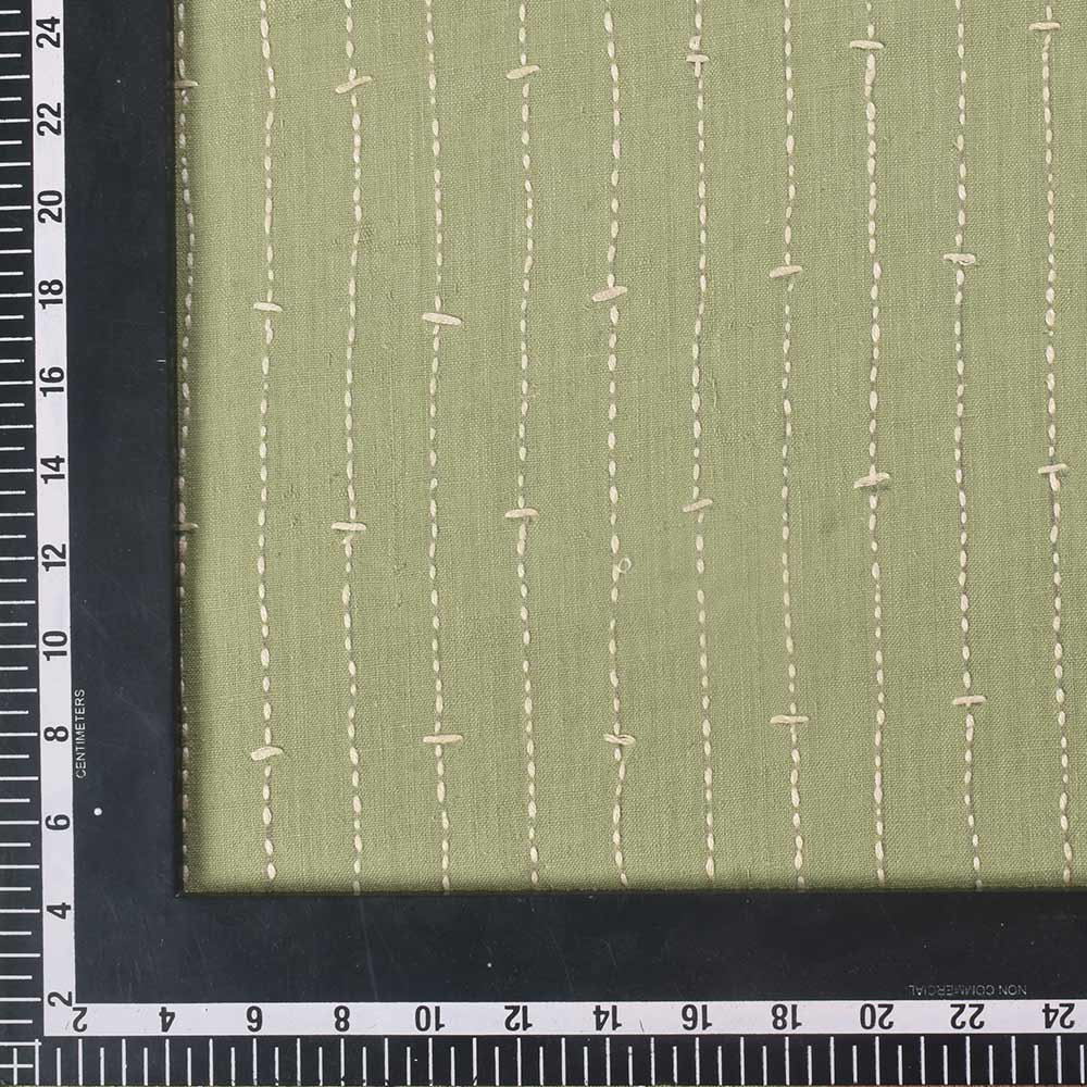 STRIPE GREEN KANTHA EMBROIDERED PURE KHADI 140 GSM HANDWOVEN FABRIC