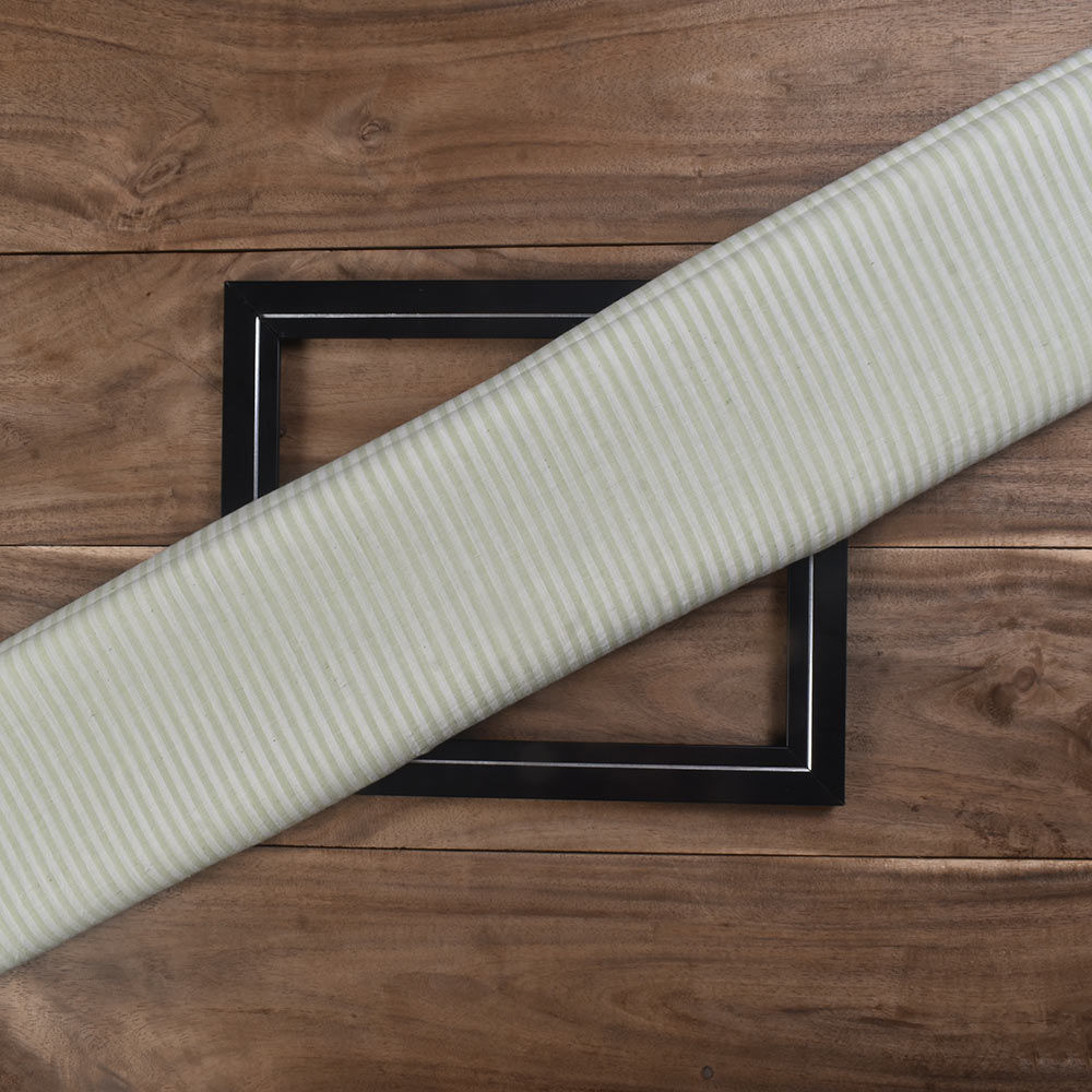 Stripe Light Green & White Khadi Cotton 68 GSM Handwoven Fabric