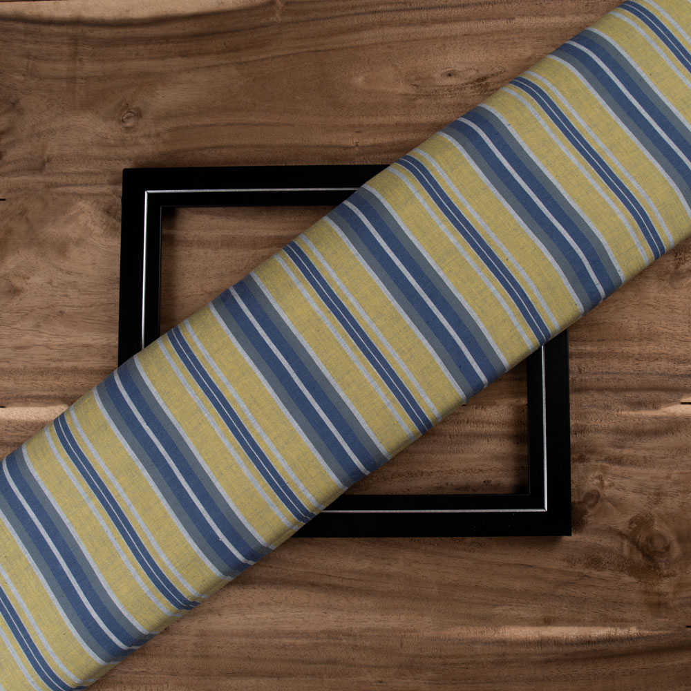 Stripe Yellow & Blue Pure Cotton 97 GSM Handwoven Fabric 213