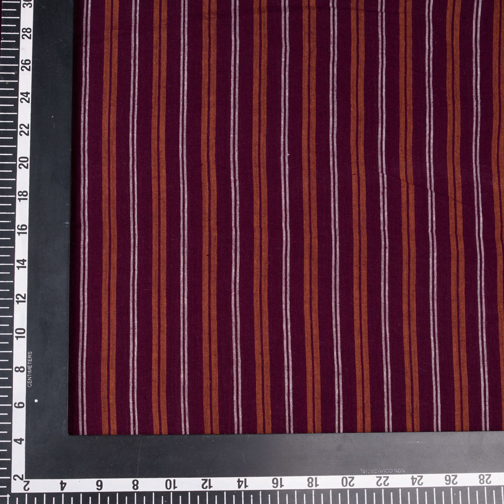 STRIPE MAROON & BROWN PURE COTTON 68 GSM HANDWOVEN FABRIC