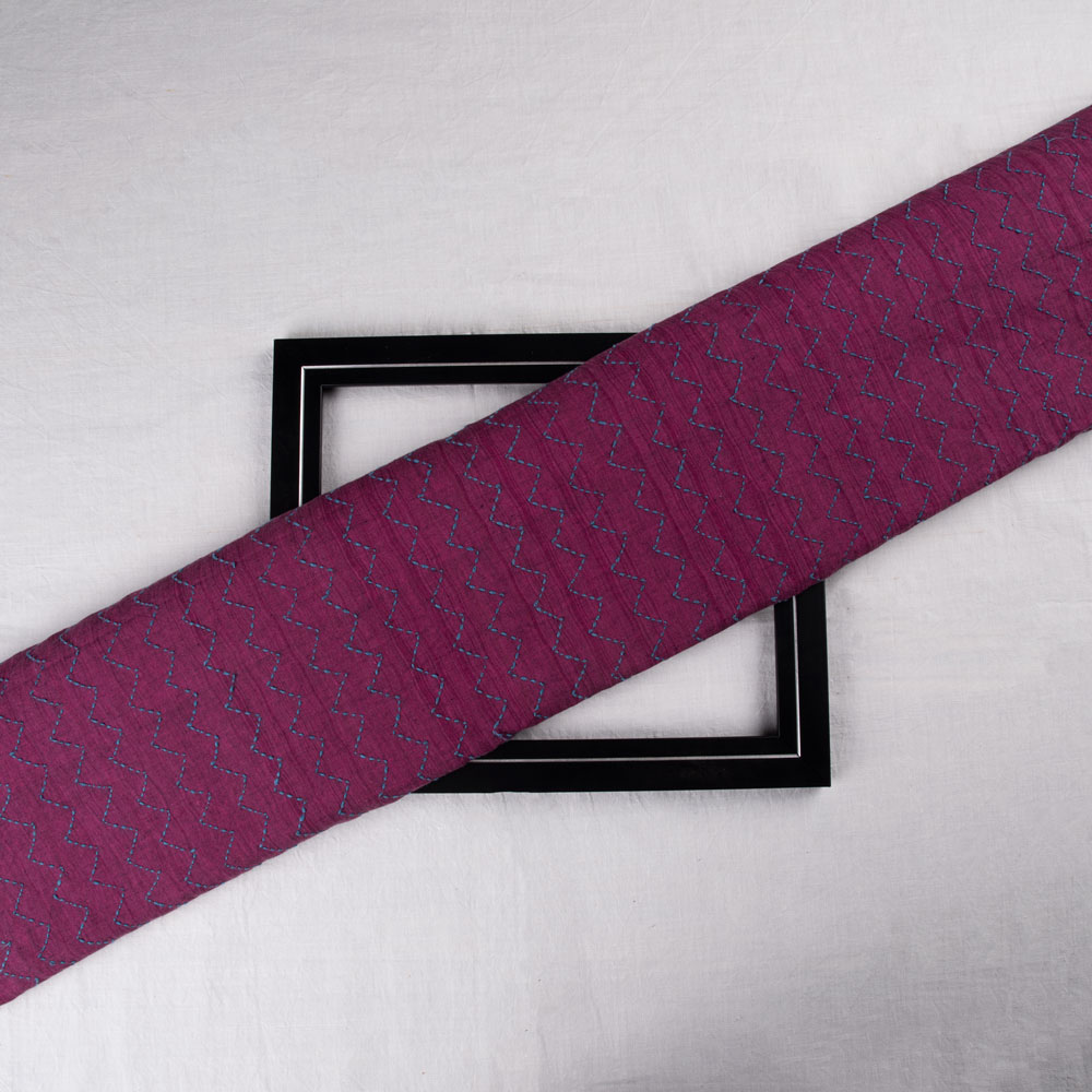 Pure khadi fabric in plum color with Kantha embroidery featuring a zigzag pattern