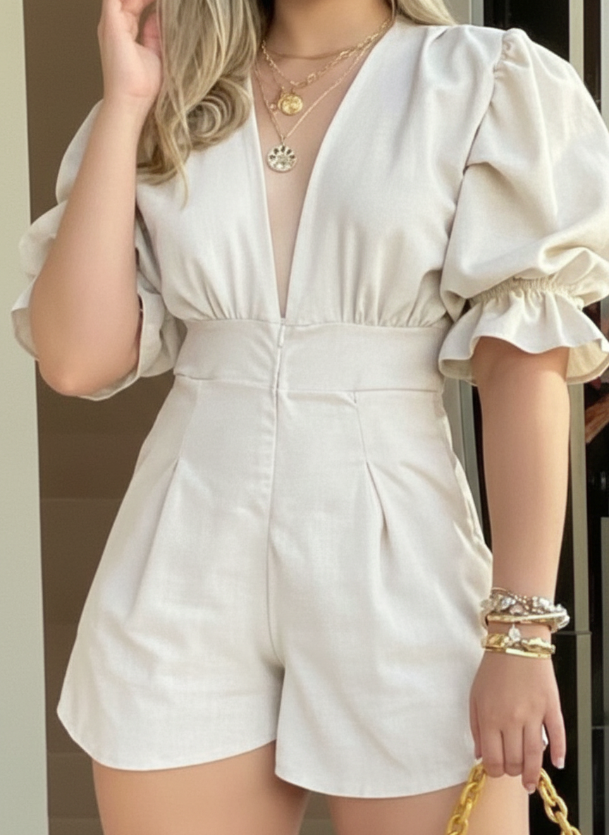 Deep V Gathered Sleeves Romper