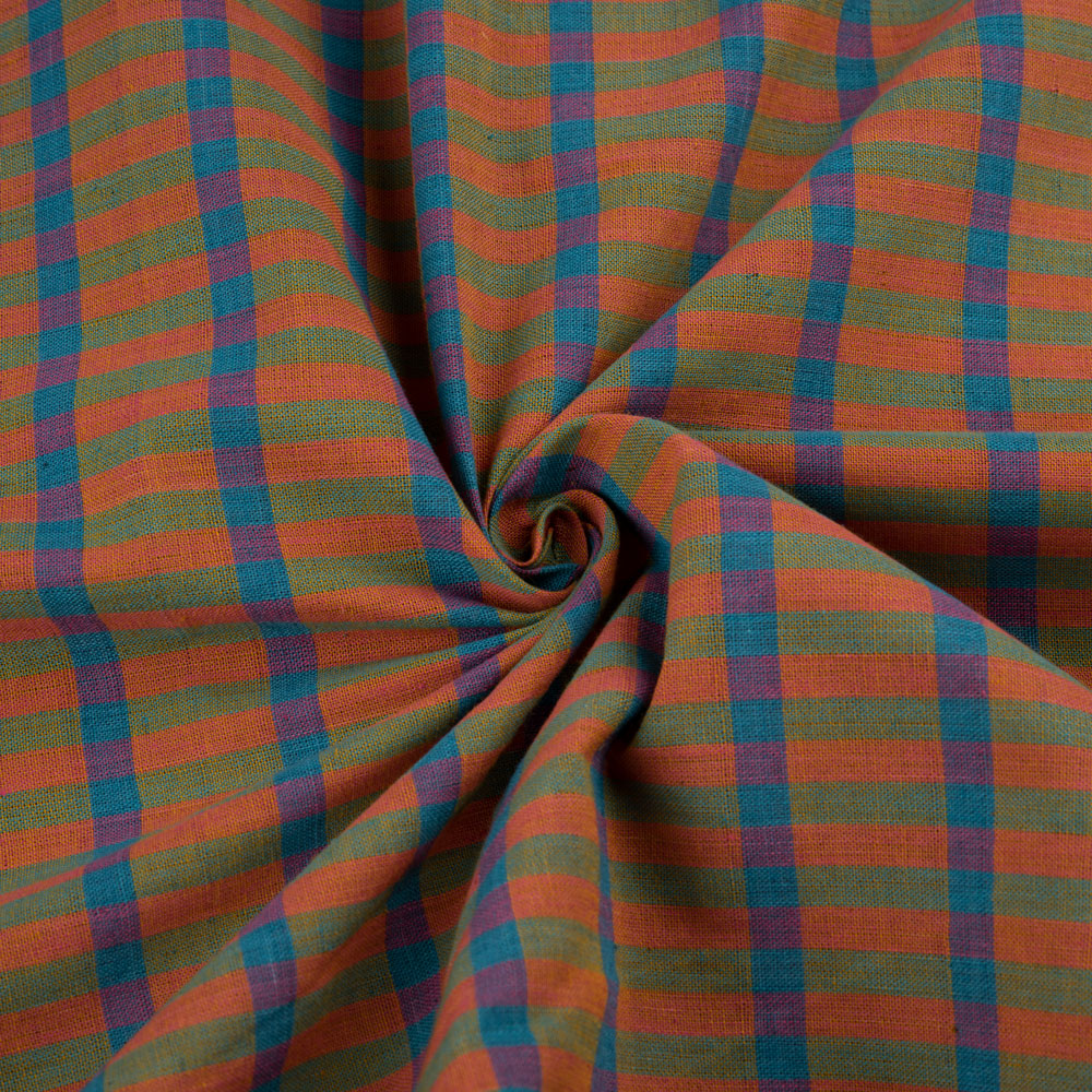 Check Orange Pure Cotton 93 GSM Handwoven Fabric