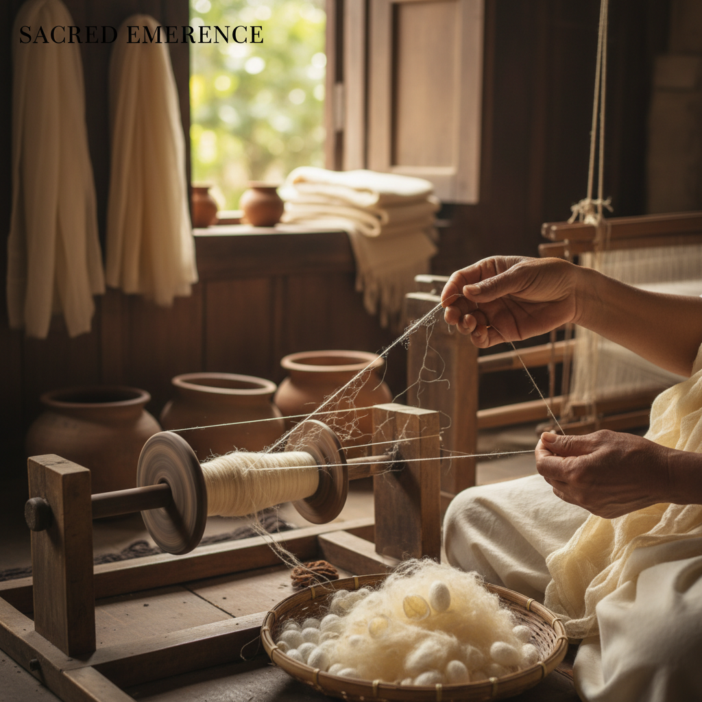 Mulberry silk yarn being reeled from cocoons illustrating the continuous filament used in luxury silk production