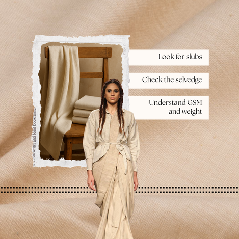 Visual guide showing slubs, selvedge edges, and GSM differences in authentic handspun Khadi fabric