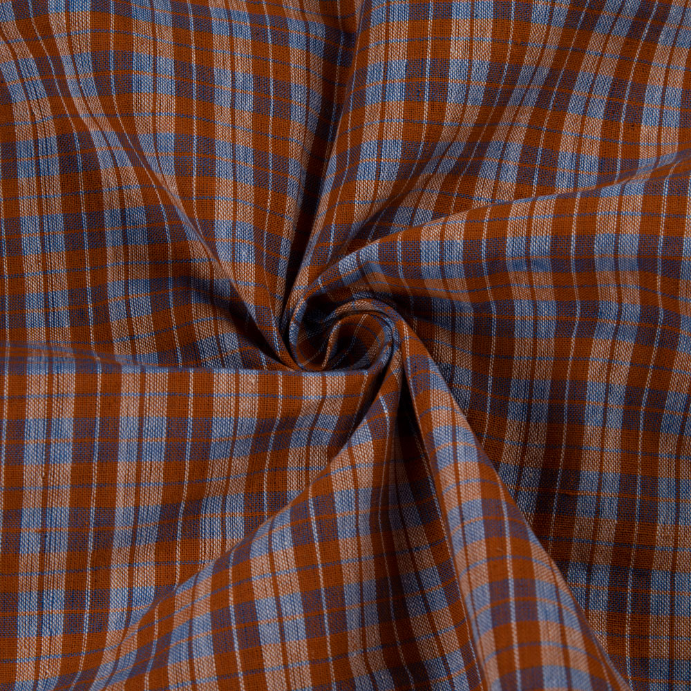 Check Orange & Blue Pure Cotton 94 GSM Handwoven Fabric