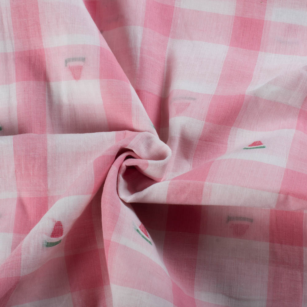 Check Pink White Pure Cotton 55 GSM Watermelon Jamdni Fabric