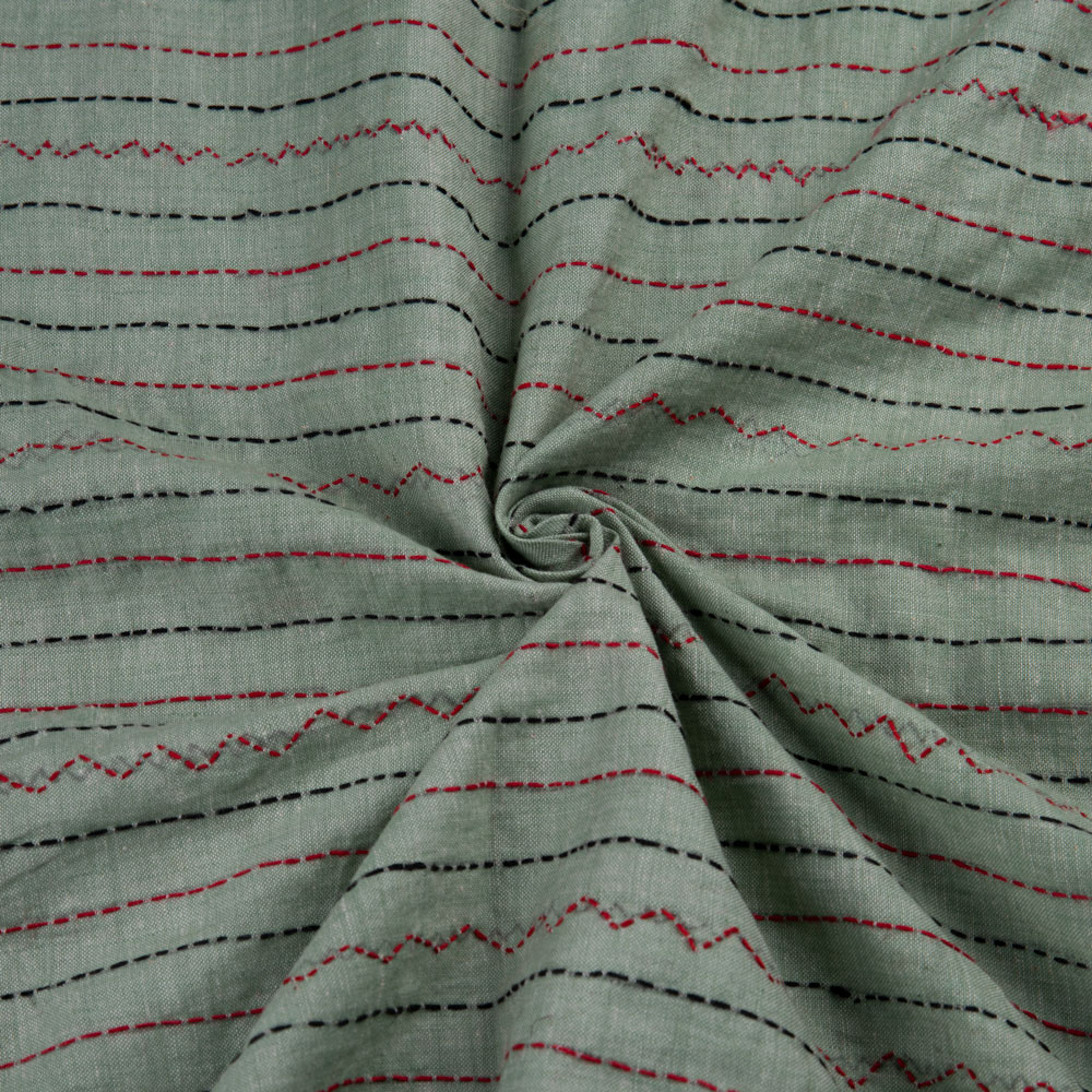 Stripe Mint Green Kantha Embroidered Khadi Cotton 95 GSM Handwoven Fabric