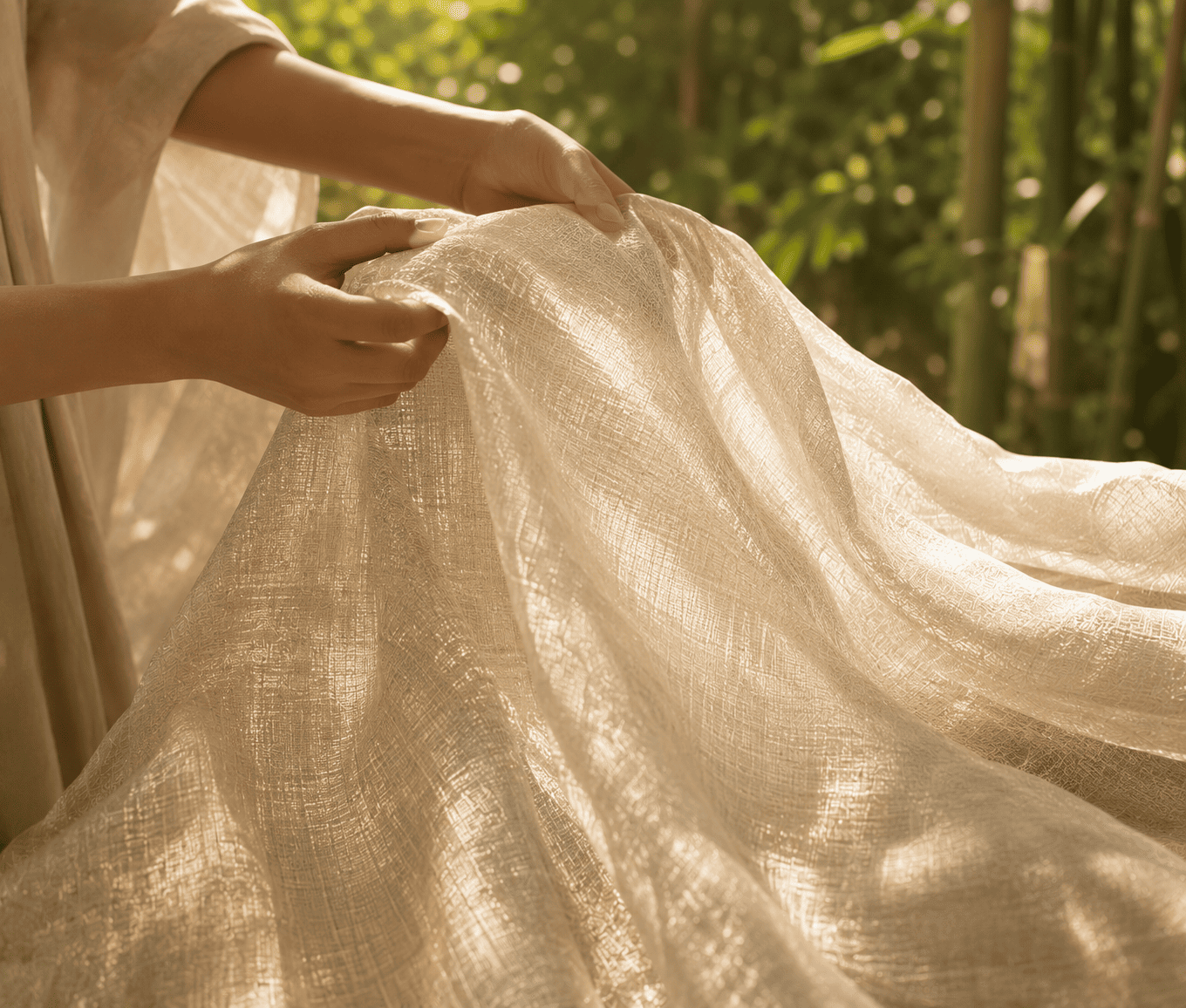 Hands holding handwoven Silk-Bamboo fabric outdoors