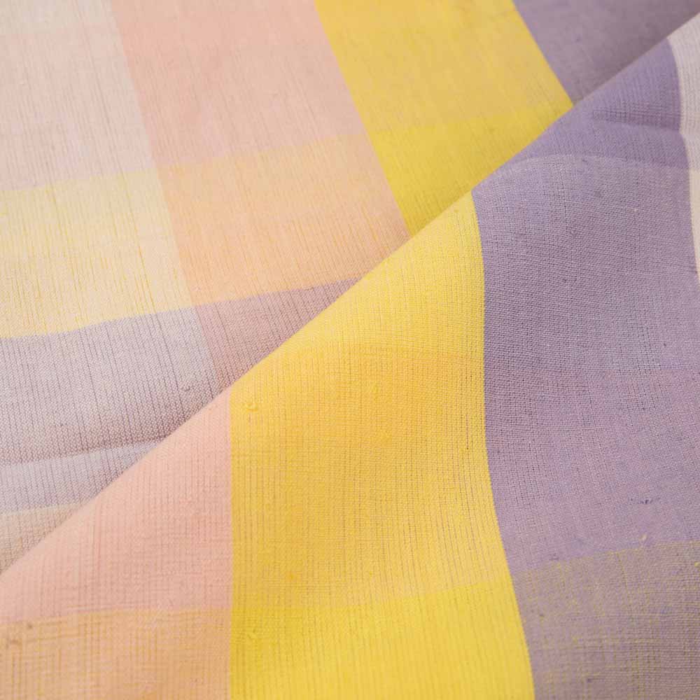 CHECK PEACH PURPLE & YELLOW COTTON 130 GSM HANDWOVEN FABRIC 180