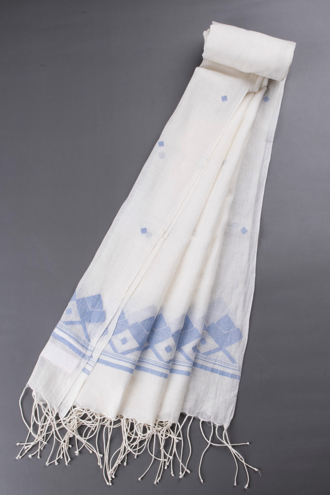 GEOMETRIC WHITE JAMDANI HANDWOVEN PURE COTTON SCARF 122