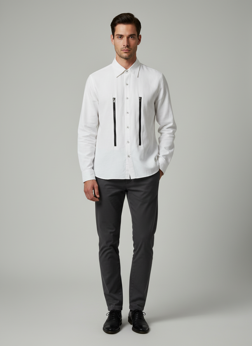 Spread Collared Shirt With Center Placket And Zipper Panels