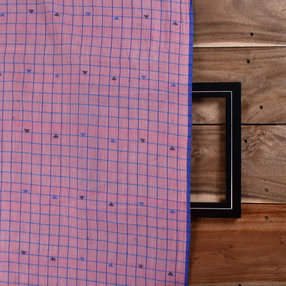 GEOMETRIC CHECK PINK & BLUE JAMDANI PURE COTTON 54 GSM HANDWOVEN FABRIC