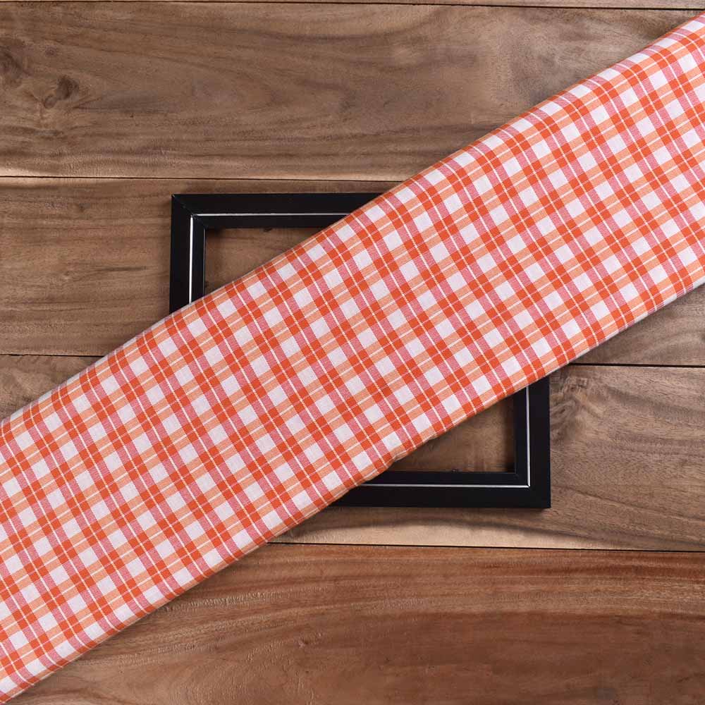 Check Red Orange Twill Pure Cotton 102 GSM Handwoven Fabric