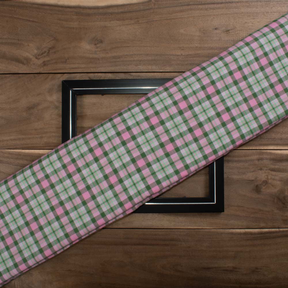 Check Pink and Green Pure Cotton 105 GSM Handwoven Fabric