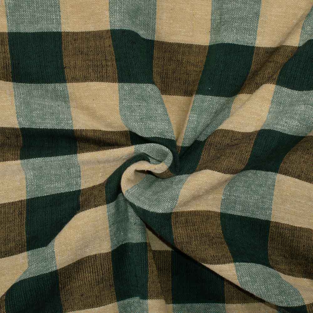 Check Green Yellow White Khadi Cotton 130 GSM Handwoven Fabric