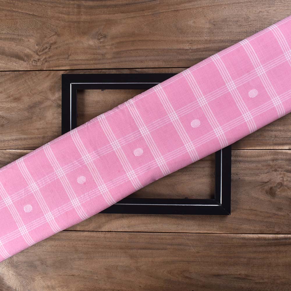 Check Pink Jamdani Pure Cotton 70 GSM Handwoven Fabric