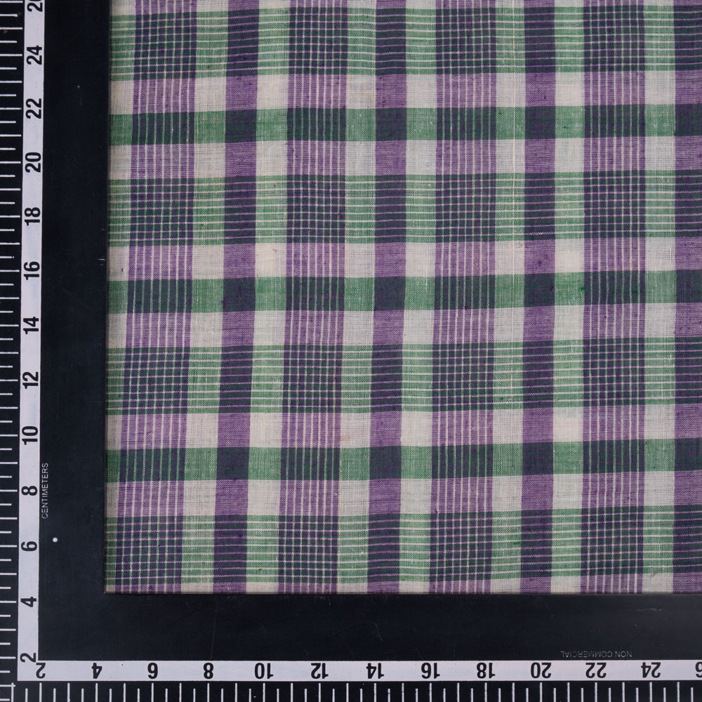 CHECK PURPLE & GREEN PURE COTTON 67 GSM HANDWOVEN FABRIC