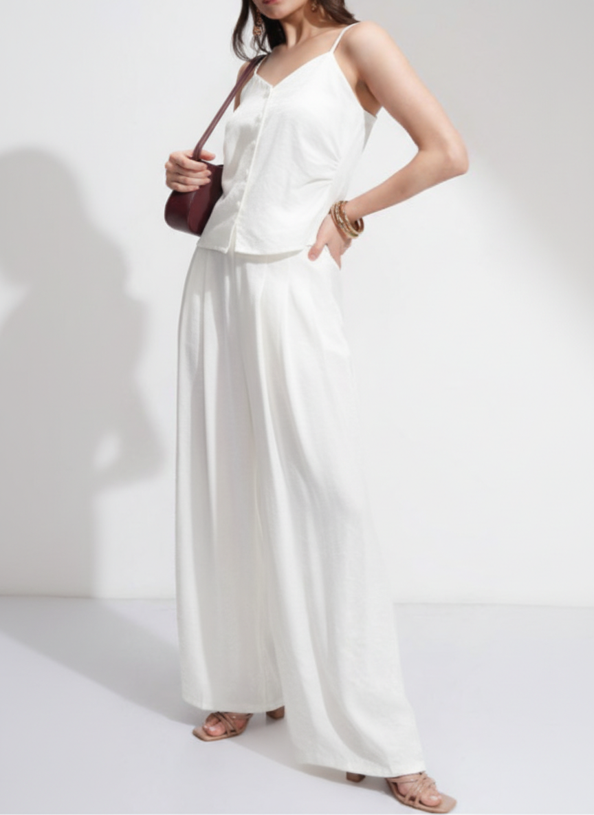Buttoned Spaghetti Sleeves Top & Pleated Pants Co-ord Set