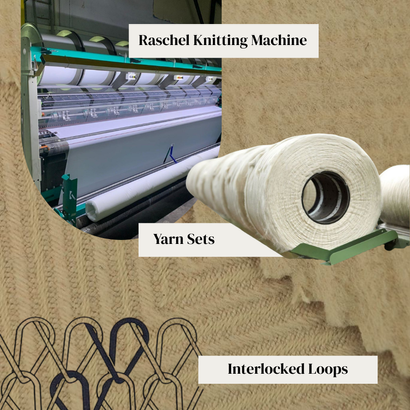 Cotton, polyester, nylon, and blended yarns commonly used in raschel knit fabrics