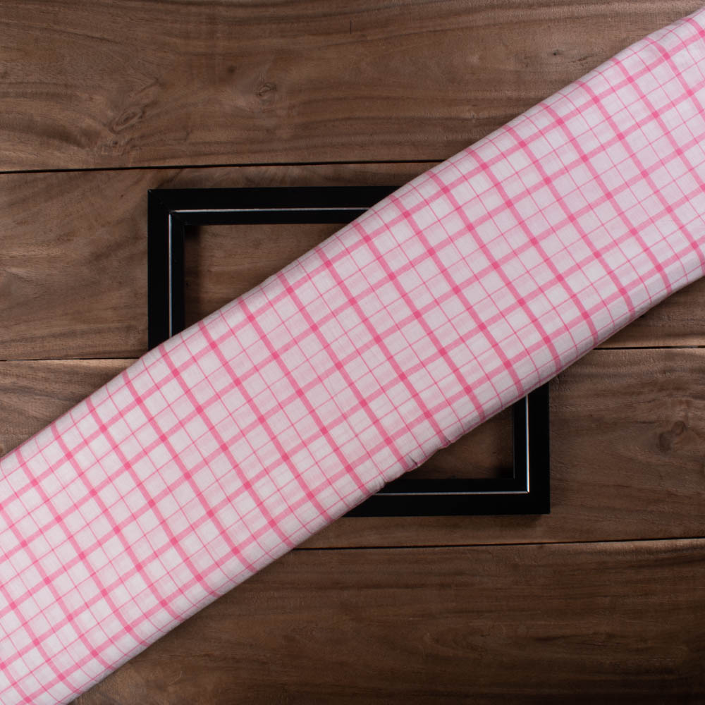 Check Pink and White Pure Cotton 60 GSM Handwoven Fabric