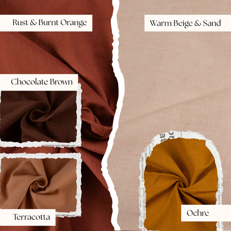 Earthy-tone cotton fabric swatches in rust, burnt orange, chocolate brown, terracotta, warm beige, sand, and ochre, shown in textured folds for shade comparison.