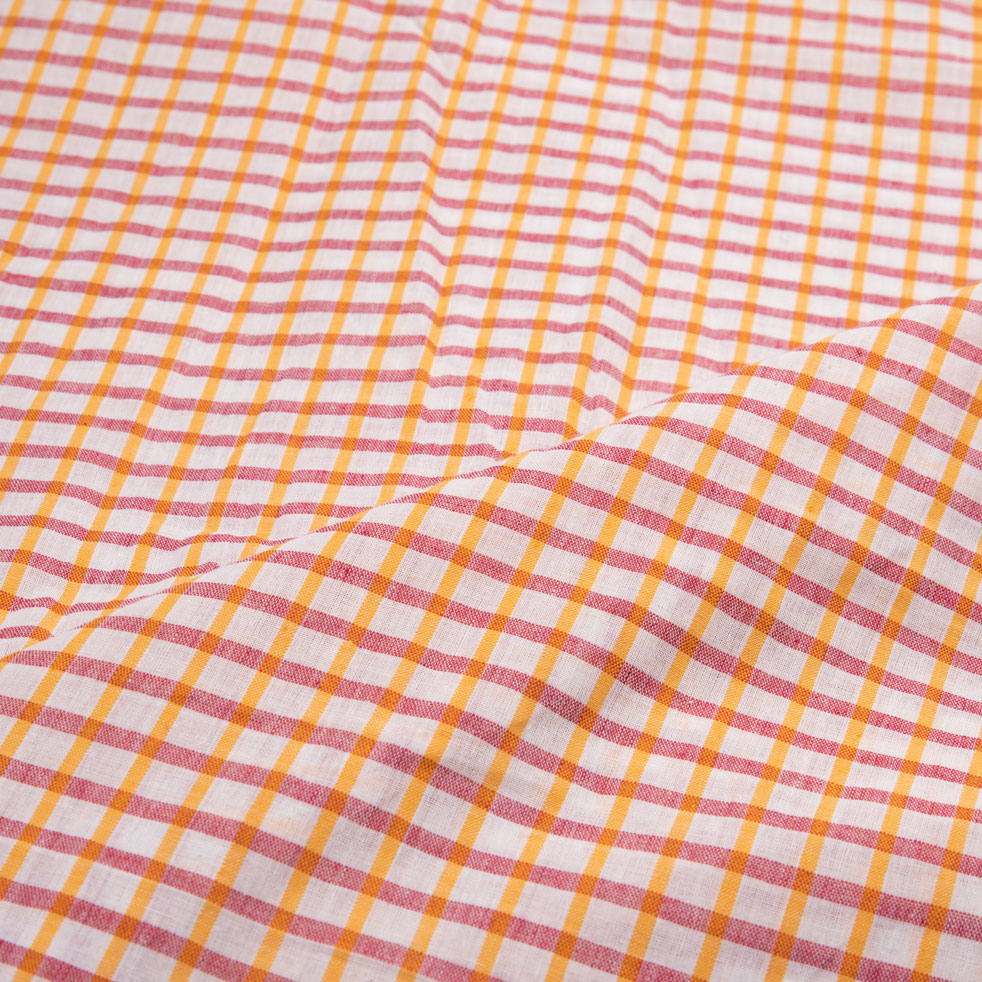 CHECK WHITE ORANGE & RED PURE COTTON 70 GSM HANDWOVEN FABRIC