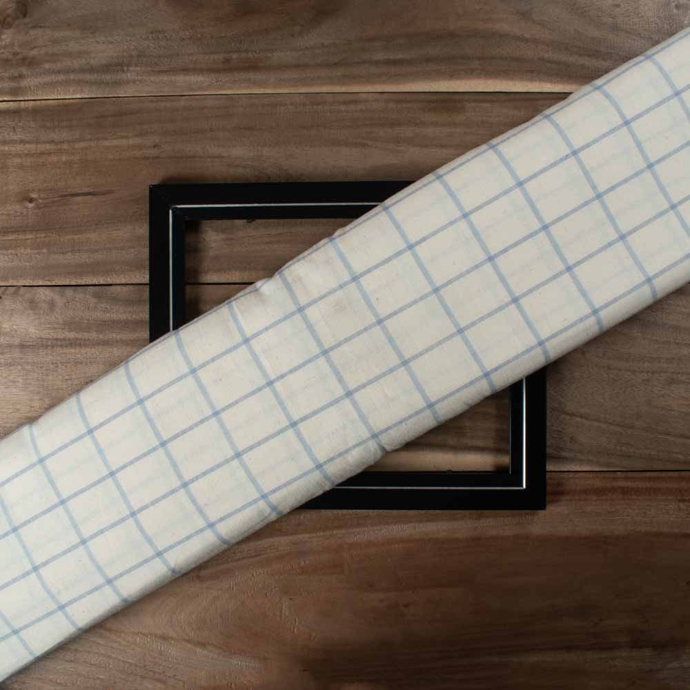 Check Ecru & Sky Blue Pure Cotton 95 GSM Handwoven Fabric