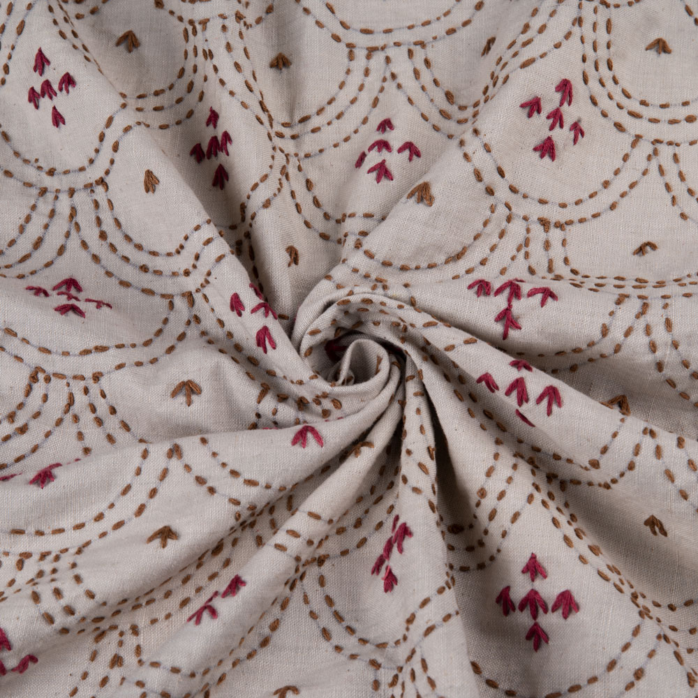 Scallop Cream Kantha Embroidered Khadi Cotton 165 GSM Handwoven Fabric