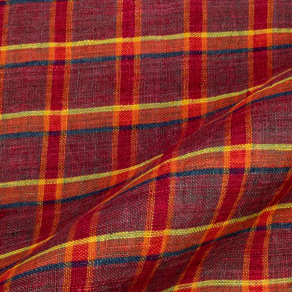 Check Maroon Pure Linen 116 GSM Handwoven Fabric
