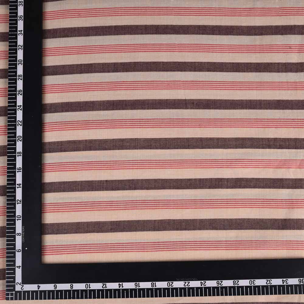 STRIPE PEACH BROWN & RED PURE COTTON 90 GSM HANDWOVEN FABRIC