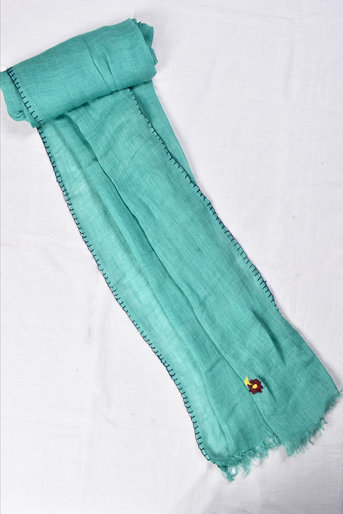 TEAL LINEN HAND EMBROIDERED SCARF