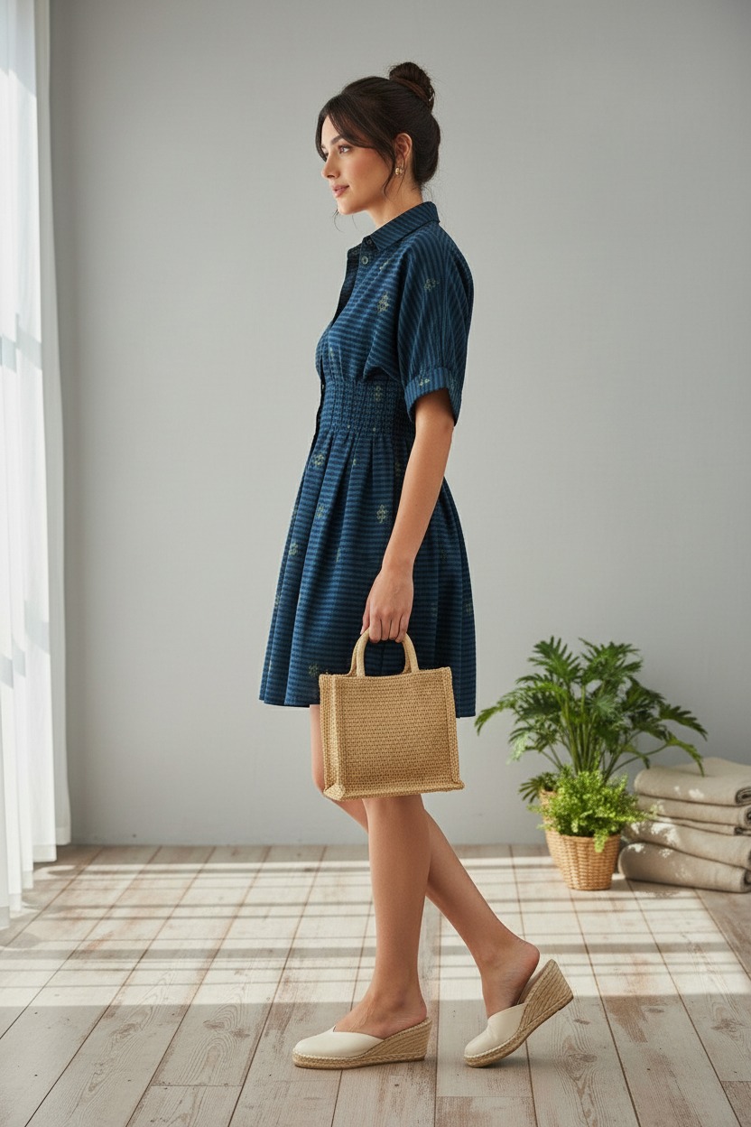 Shirt Collar Front Closer Midi Dress