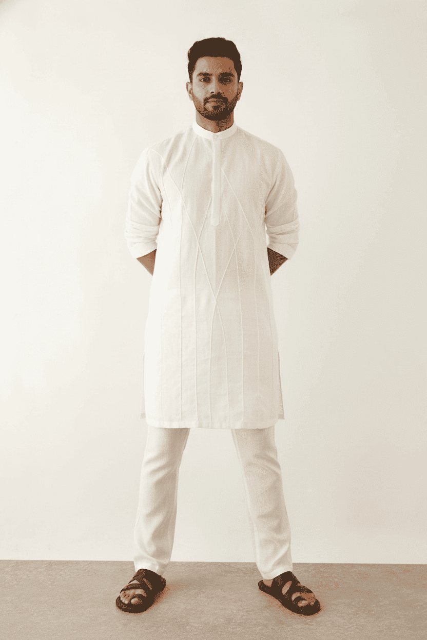 Pintucked Pattern Men's Kurta With Mandarin Collar