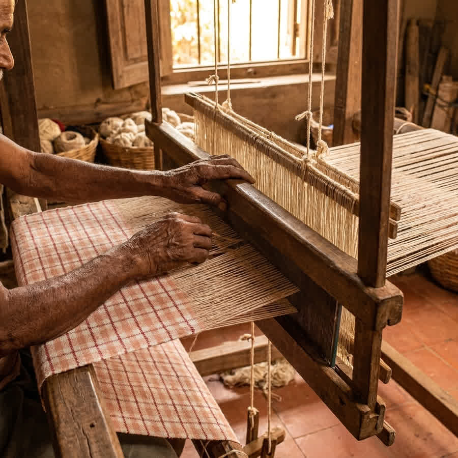 Artisan weaving sustainable fabrics on a traditional wooden loom