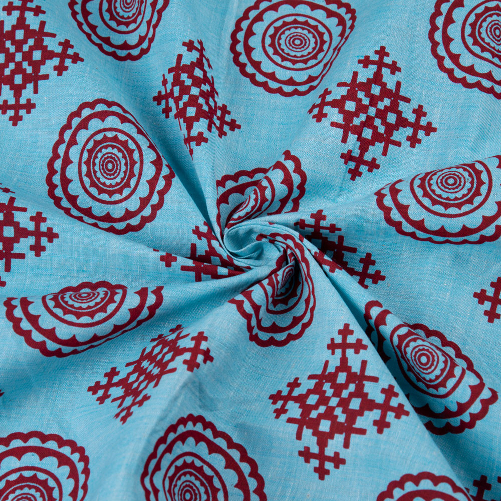 Geometric Blue Screenprinted Cotton Khadi 83 GSM Handwoven Fabric