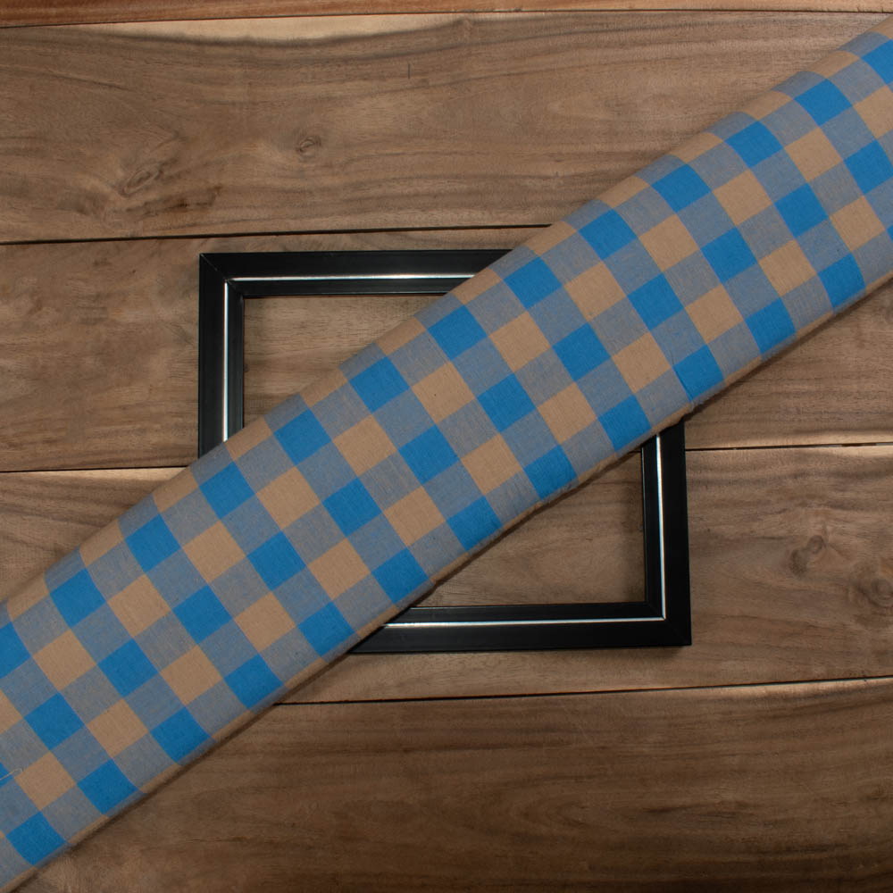 Check Tan and Blue Pure Cotton 95 GSM Handwoven Fabric
