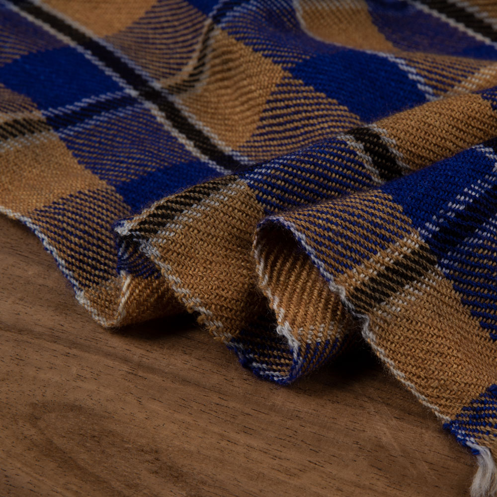 Check Brown Blue Pure Wool 230 GSM Handwoven Fabric