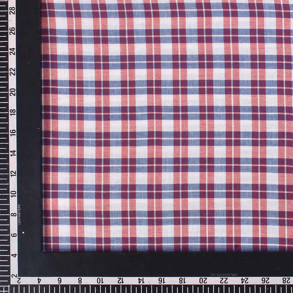 CHECK RED BLUE TWILL PURE COTTON 102 GSM HANDWOVEN FABRIC