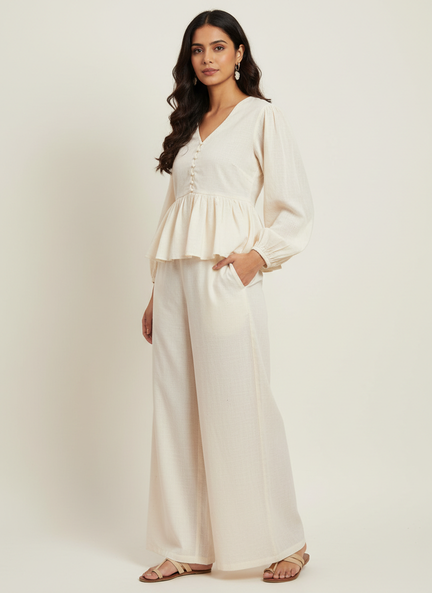 Peplum Buttoned Top & Full Pants Co-ord Set