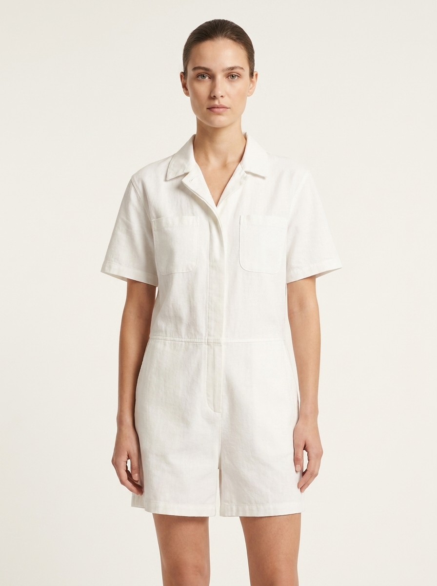 Casual Shirt Romper WIth Chest Pockets