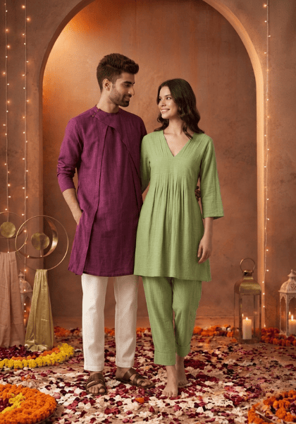 Pairing  V Neck Pleated Co-ord Set for women &nbsp;alongside the Layered Men's Kurta With High Neck 