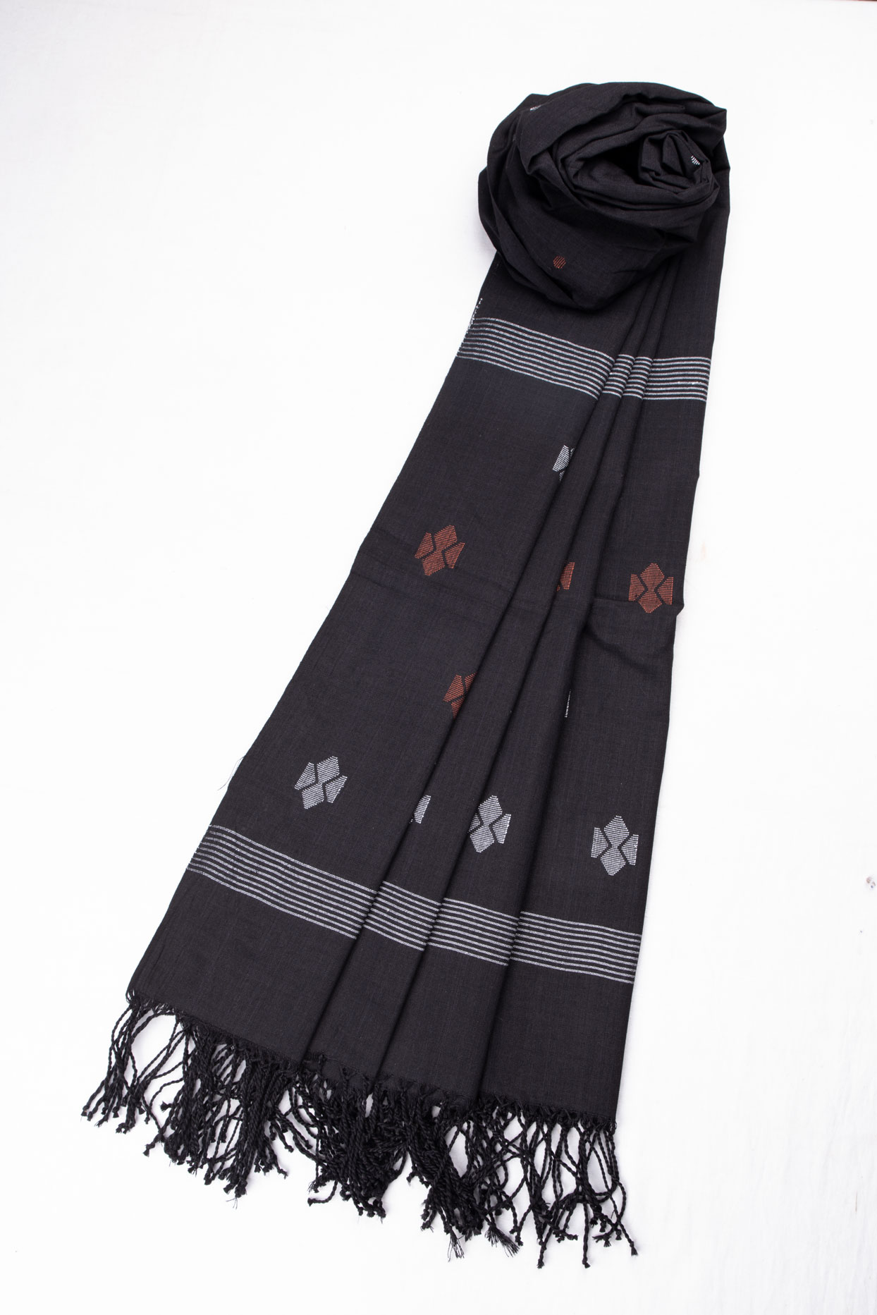 GEOMETRIC BLACK JAMDANI HANDWOVEN PURE SILK SCARF
