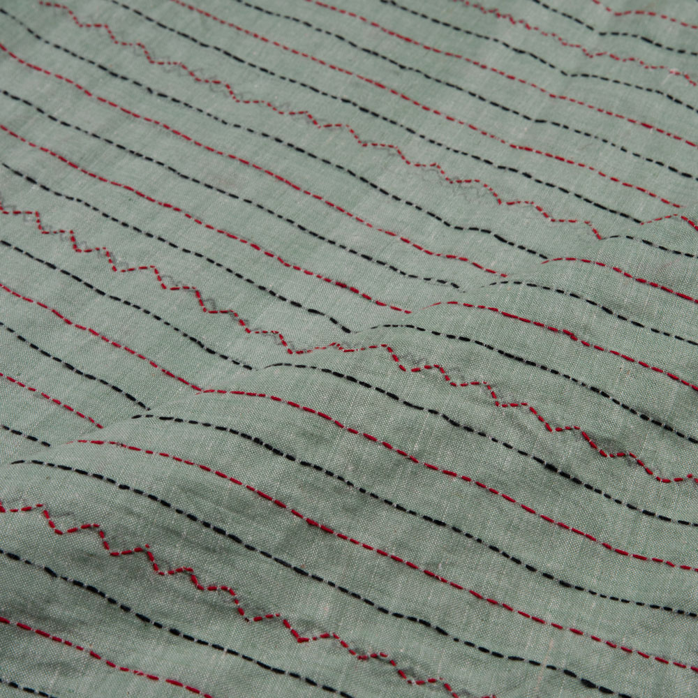 STRIPE MINT GREEN KANTHA EMBROIDERED KHADI COTTON 95 GSM HANDWOVEN FABRIC
