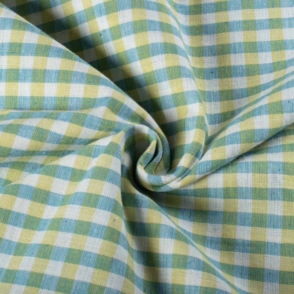 Check Yellow Turquoise Pure Khadi 130 GSM Handwoven Fabric