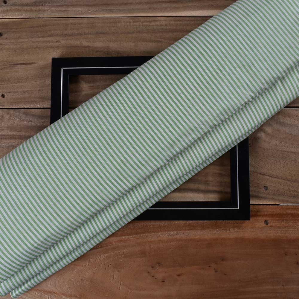 Stripe Green & White Pure Cotton 87 GSM Handwoven Fabric
