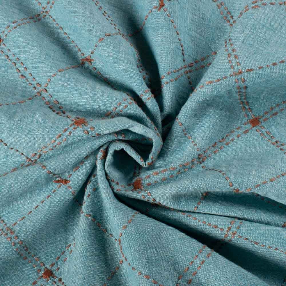 Sea Green Khadi Cotton Crosswind 145 GSM Handwoven Kantha Fabric